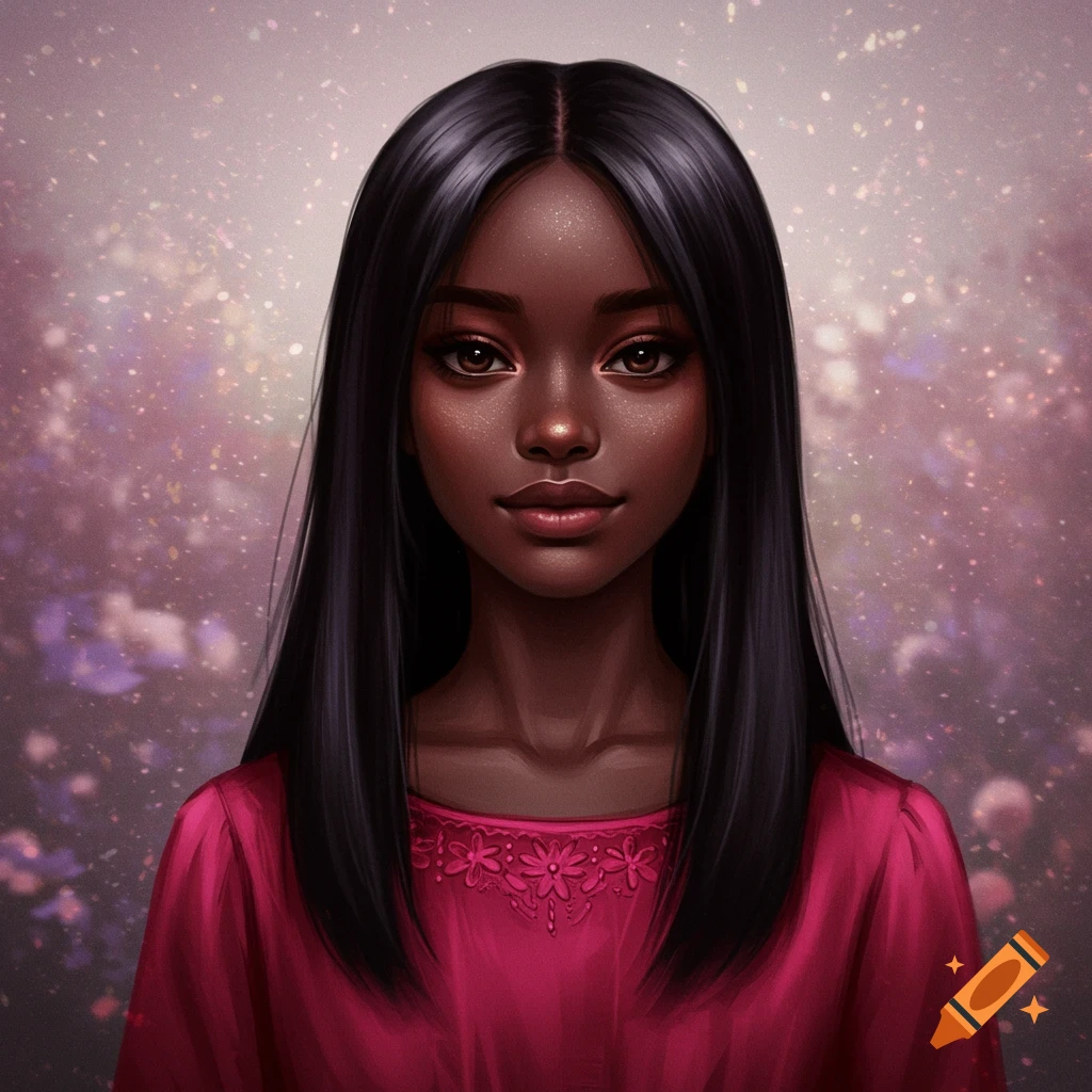 A woman with dark skin and long black hair, wearing a red dress, is depicted with a dreamy background.