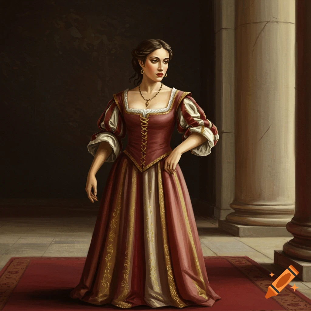 A woman in a historical red and gold dress stands in a room with columns.