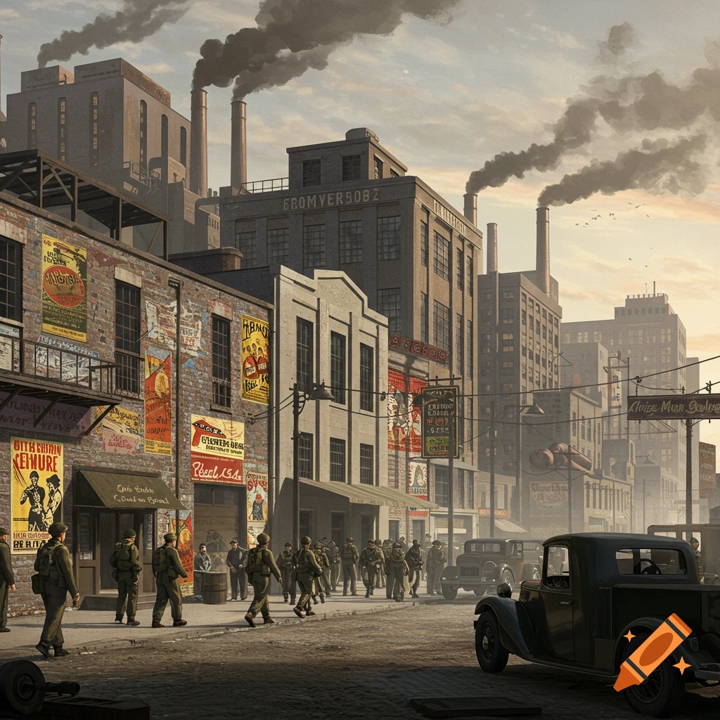 WWII-era street with soldiers walking past factories and buildings with posters.