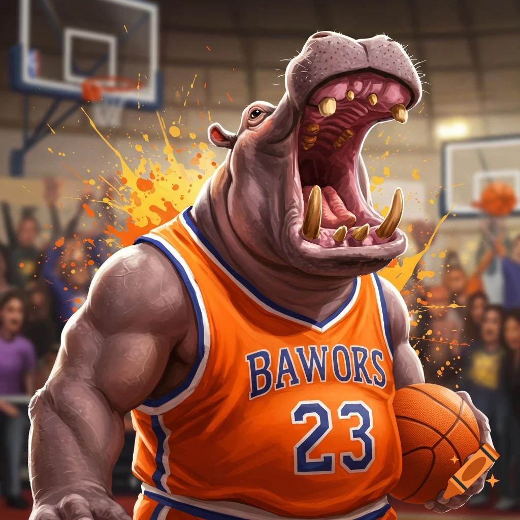 A muscular hippo in an orange basketball jersey with the number 23 and 'BAWORS' holds a basketball on a court.