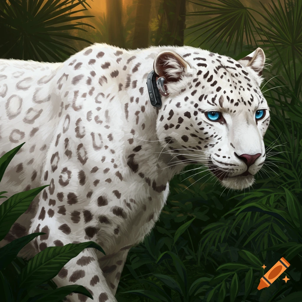 A white leopard with blue eyes wearing a hearing aid in a jungle.