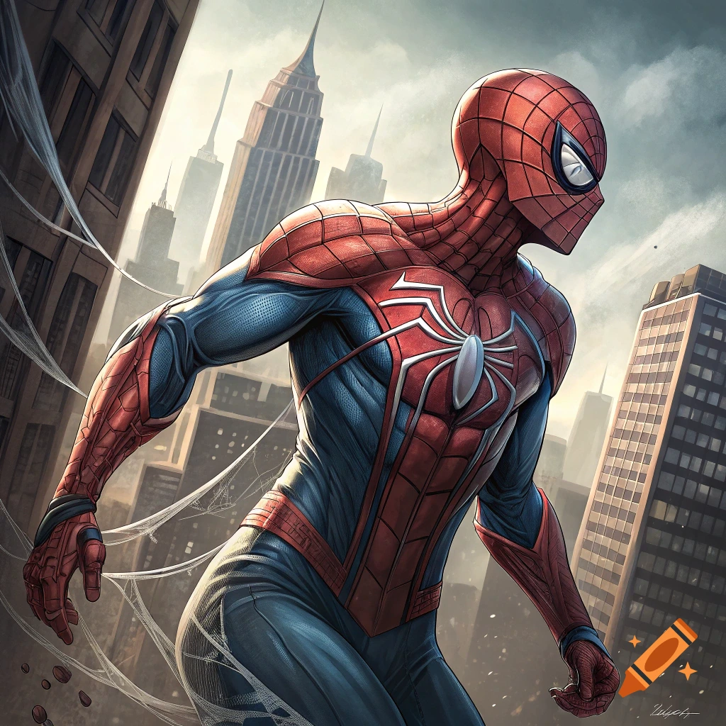 Spiderman standing in a city skyline in comic art style