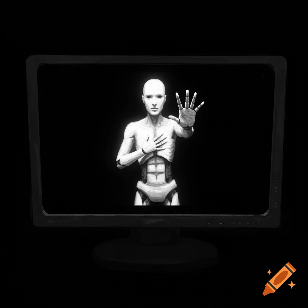 Stylized white figure reaching out on a computer screen in black and white digital art.