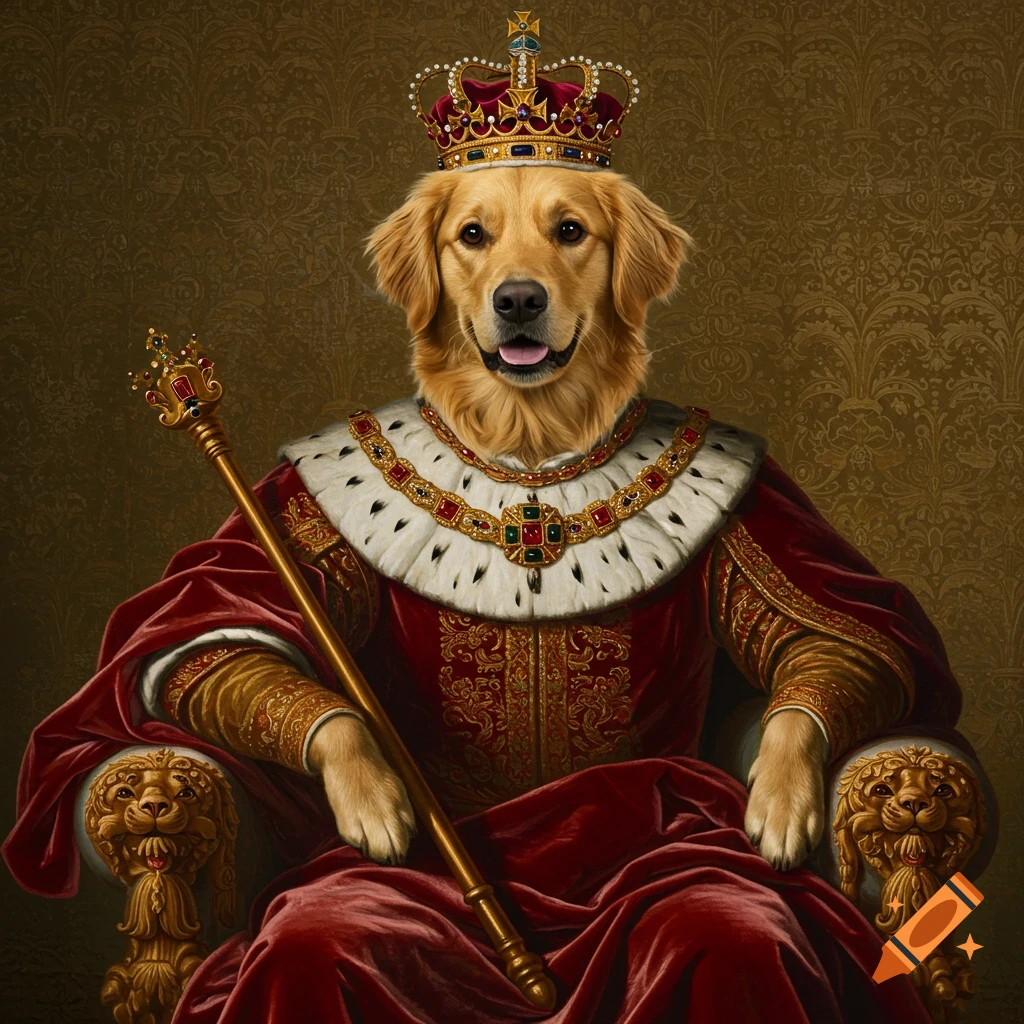 A Golden Retriever dog is dressed as a king, wearing a red robe and a crown, and sitting on a throne.