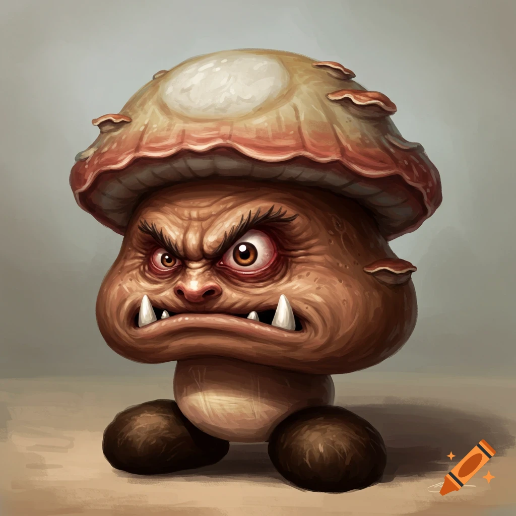 A realistic, angry Goomba character from Mario.