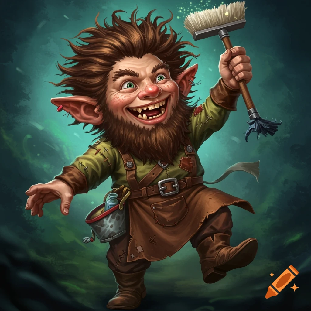 A crazy fantasy gnome servant holds a broom and bucket.