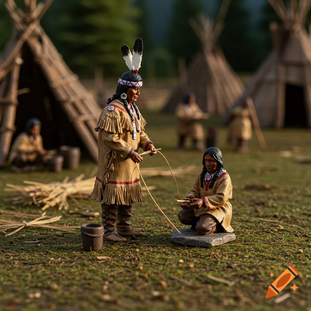 Two miniature indigenous figures in traditional clothing outdoors with tipis.
