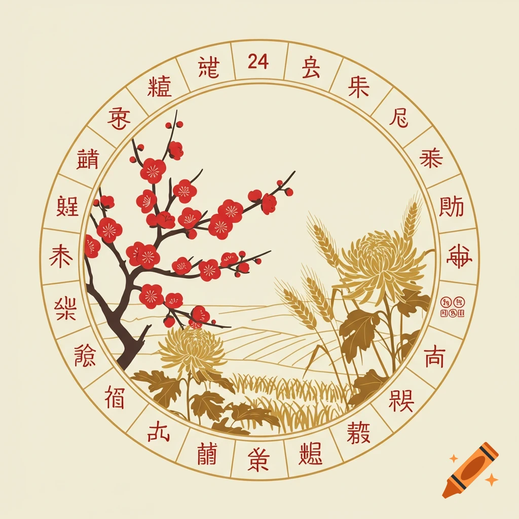 Circular illustration with red plum blossoms, gold chrysanthemums, wheat, and landscape inside a border of Chinese characters and the number 24.