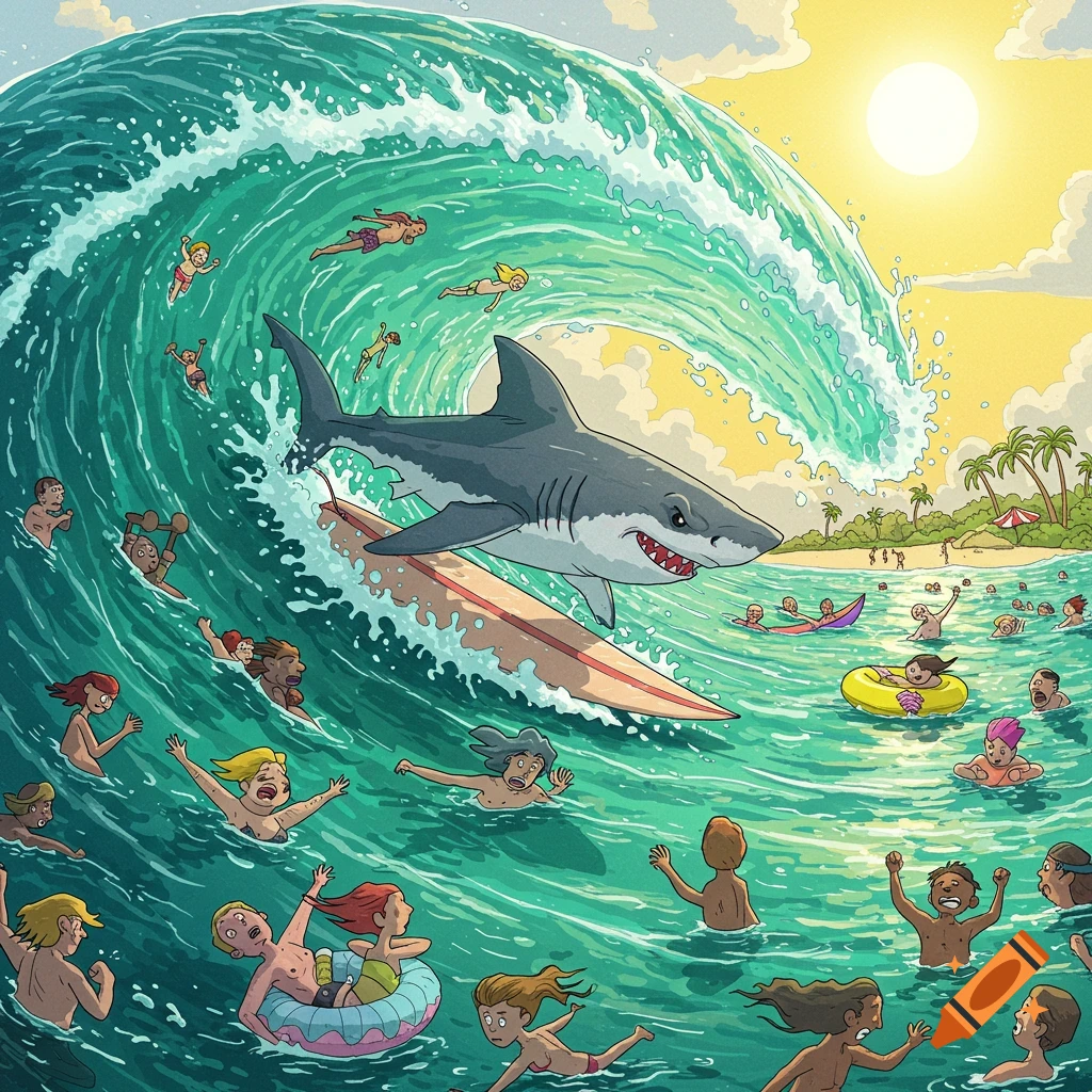 Cartoon image of a shark surfing a wave with swimmers near a beach.