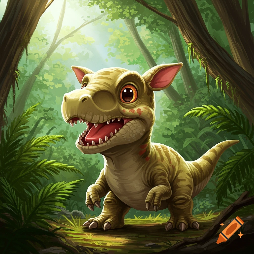 A cute cartoon baby dinosaur stands in a sun-dappled forest clearing.
