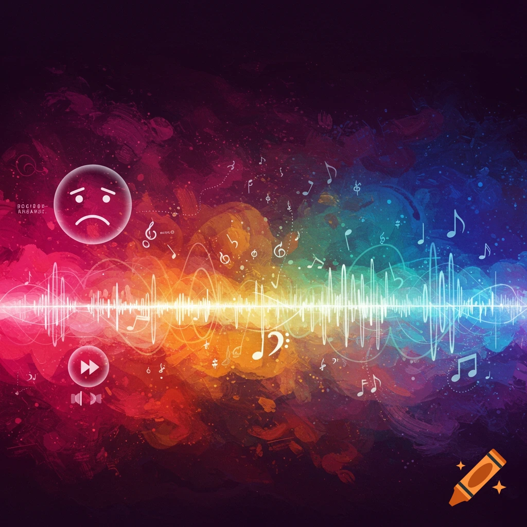 Rainbow soundwave with music notes, a sad emoji, and playback buttons.