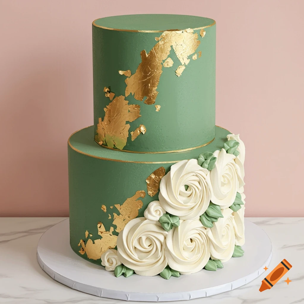 Two-tier cake with green frosting, gold leaf, and white buttercream roses