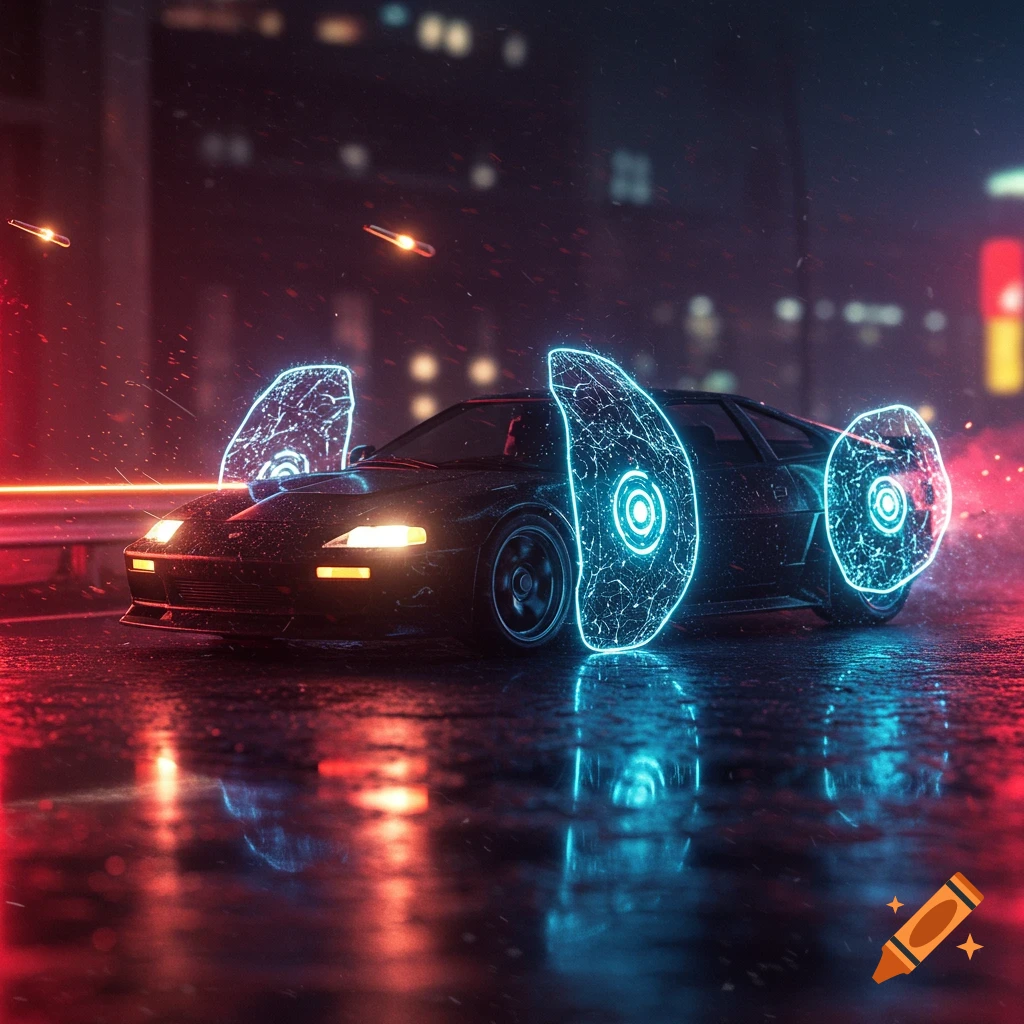 A black car with glowing blue energy shields drives on a wet city street at night.