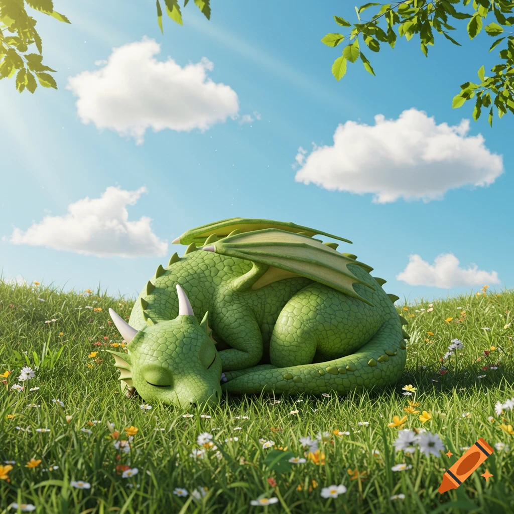 A cute green dragon sleeps curled up in a sunny, grassy field with wildflowers.