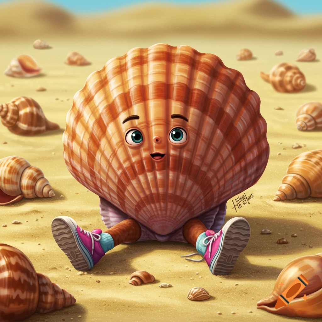 A cartoon shell with a face and shoes sits on a sandy beach among other shells