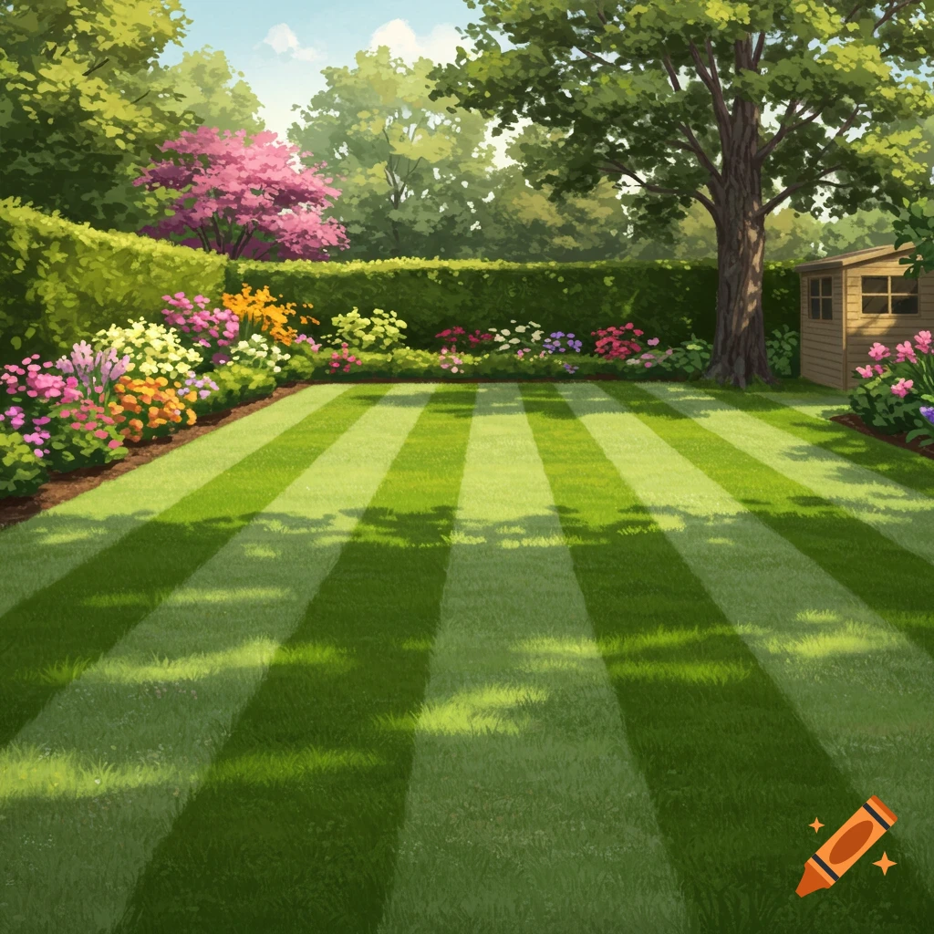 A backyard garden with a striped lawn, flowers, hedge, trees, and shed.
