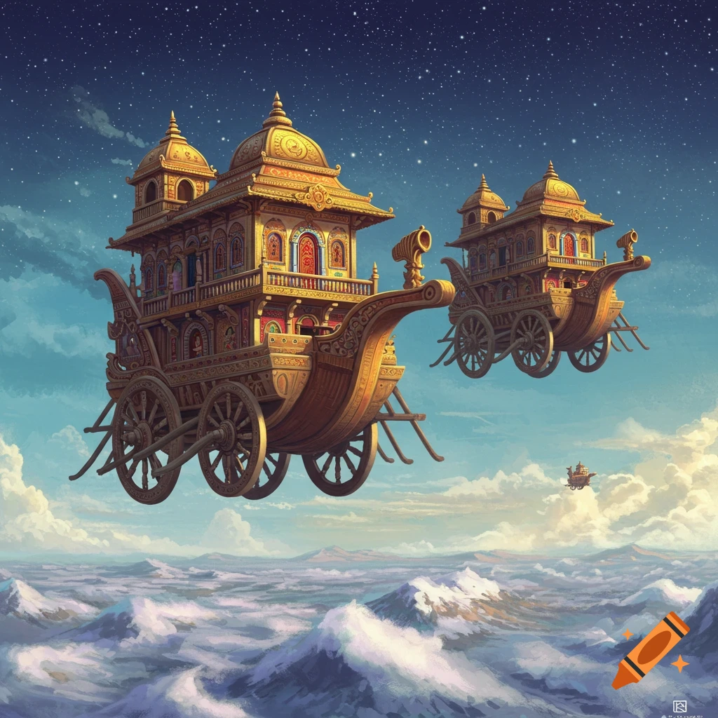 Ornate golden celestial chariots fly over swirling clouds and water under a starry sky.