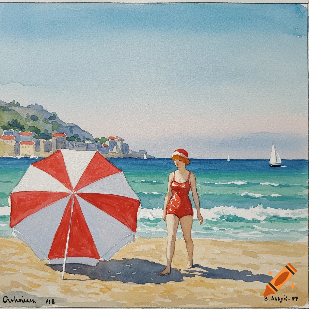 Watercolor painting of a woman in a red swimsuit on a beach with a red and white umbrella