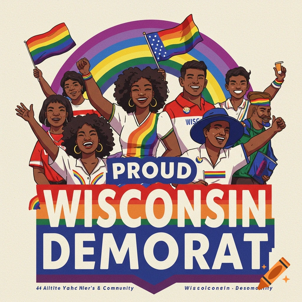 Diverse people celebrating under a rainbow arc, holding rainbow flags. Large text reads "PROUD WISCONSIN DEMOCRAT".