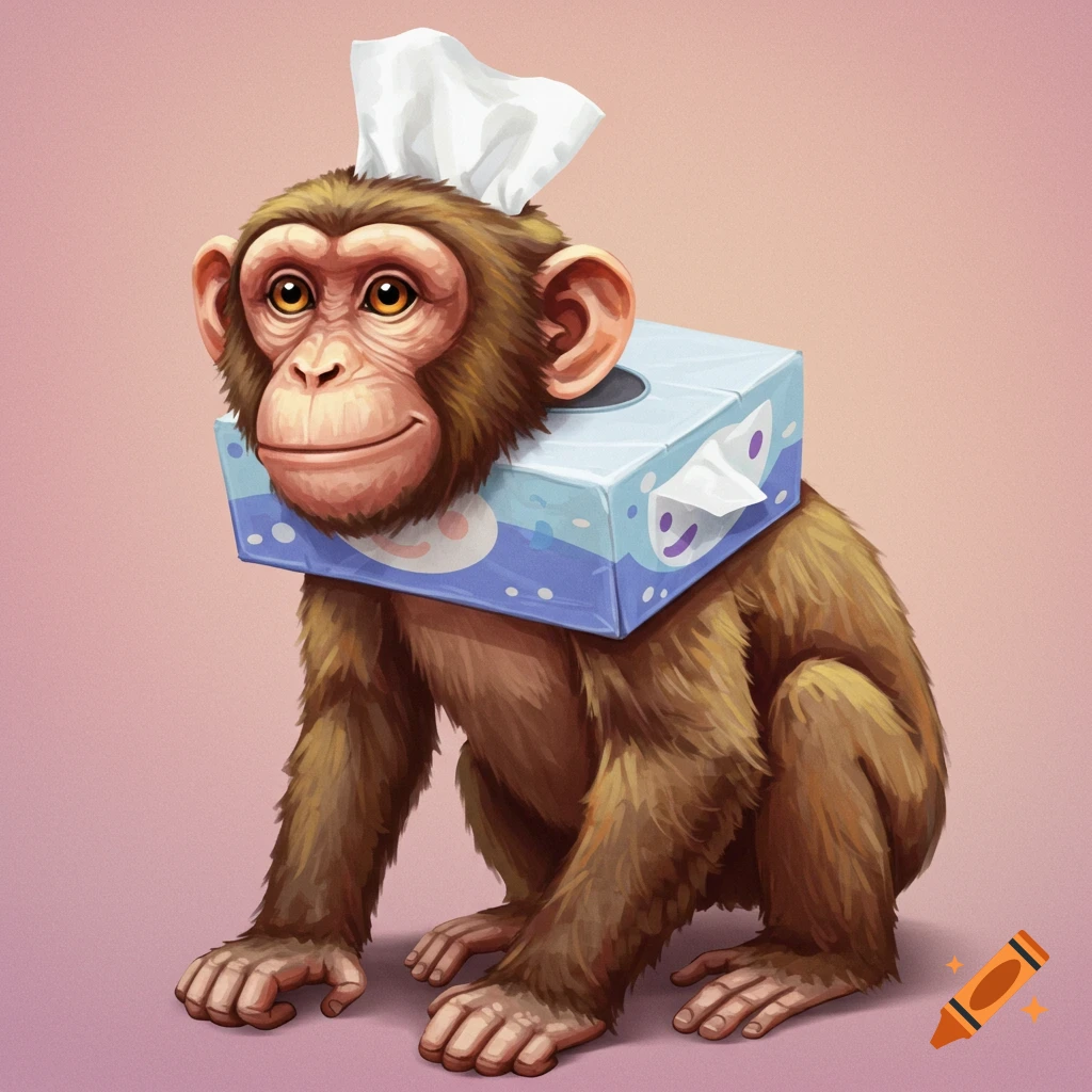A chimpanzee is shown with a tissue box around its neck and tissues on its head.