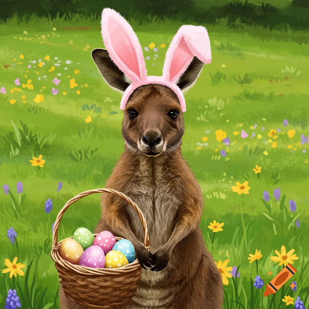 A kangaroo wearing pink bunny ears and holding a basket of Easter eggs in a field of flowers.