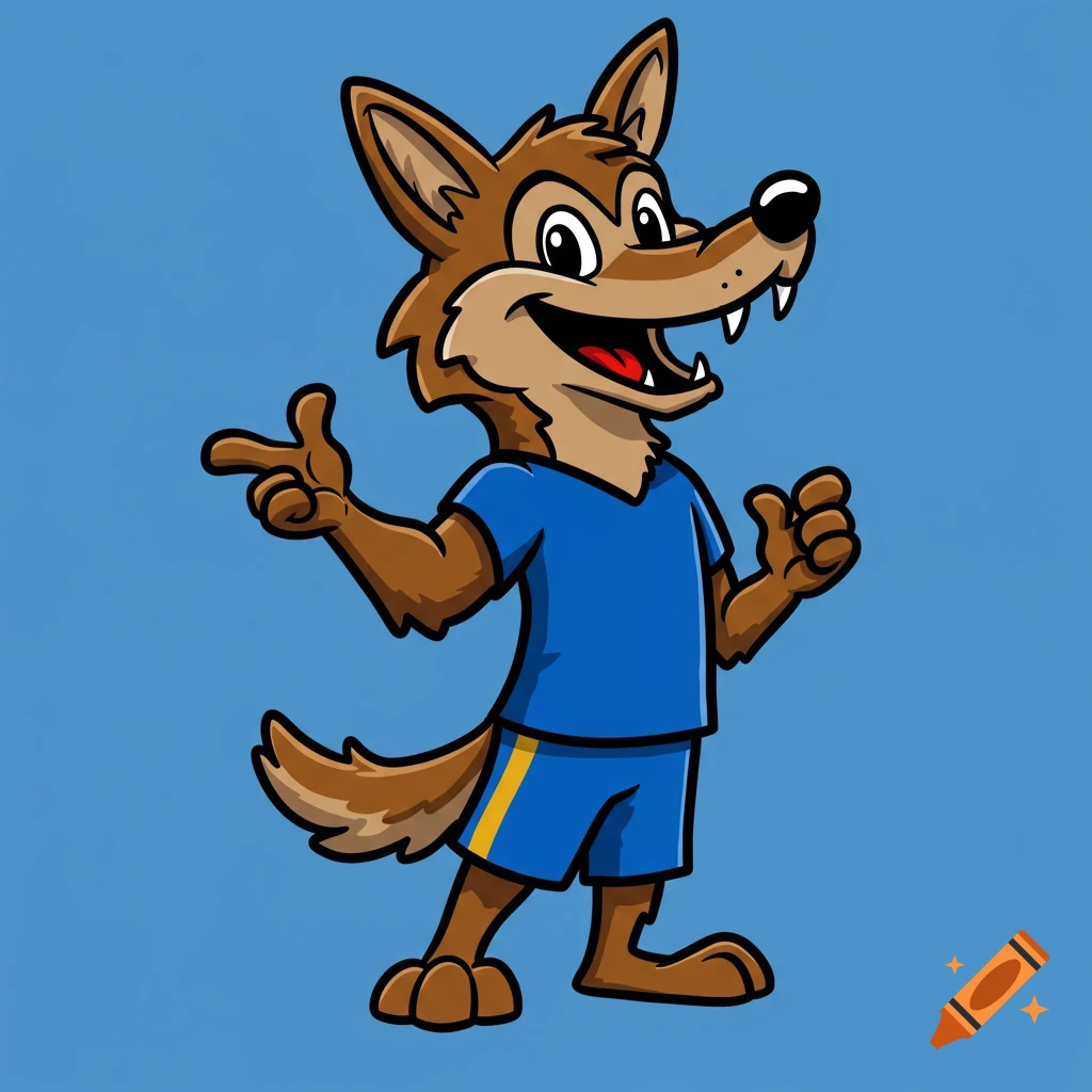 Cartoon coyote mascot in blue uniform stands and points.