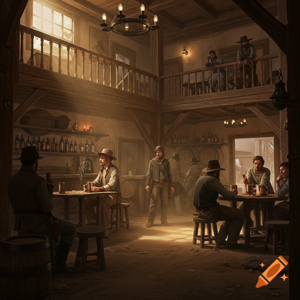 A dusty Western tavern interior with men drinking and talking.
