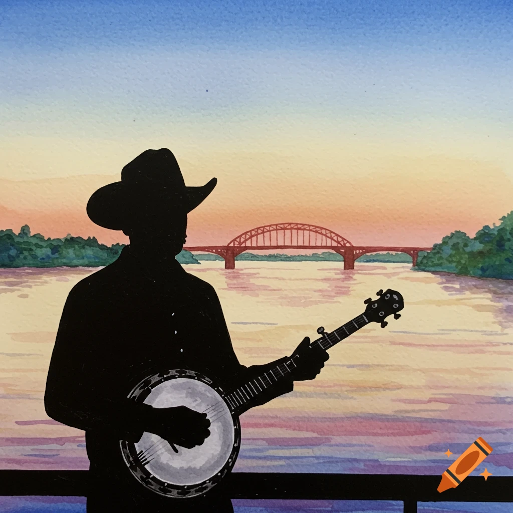 Silhouette of a man playing a banjo against a watercolor sunset landscape with a river and bridge.
