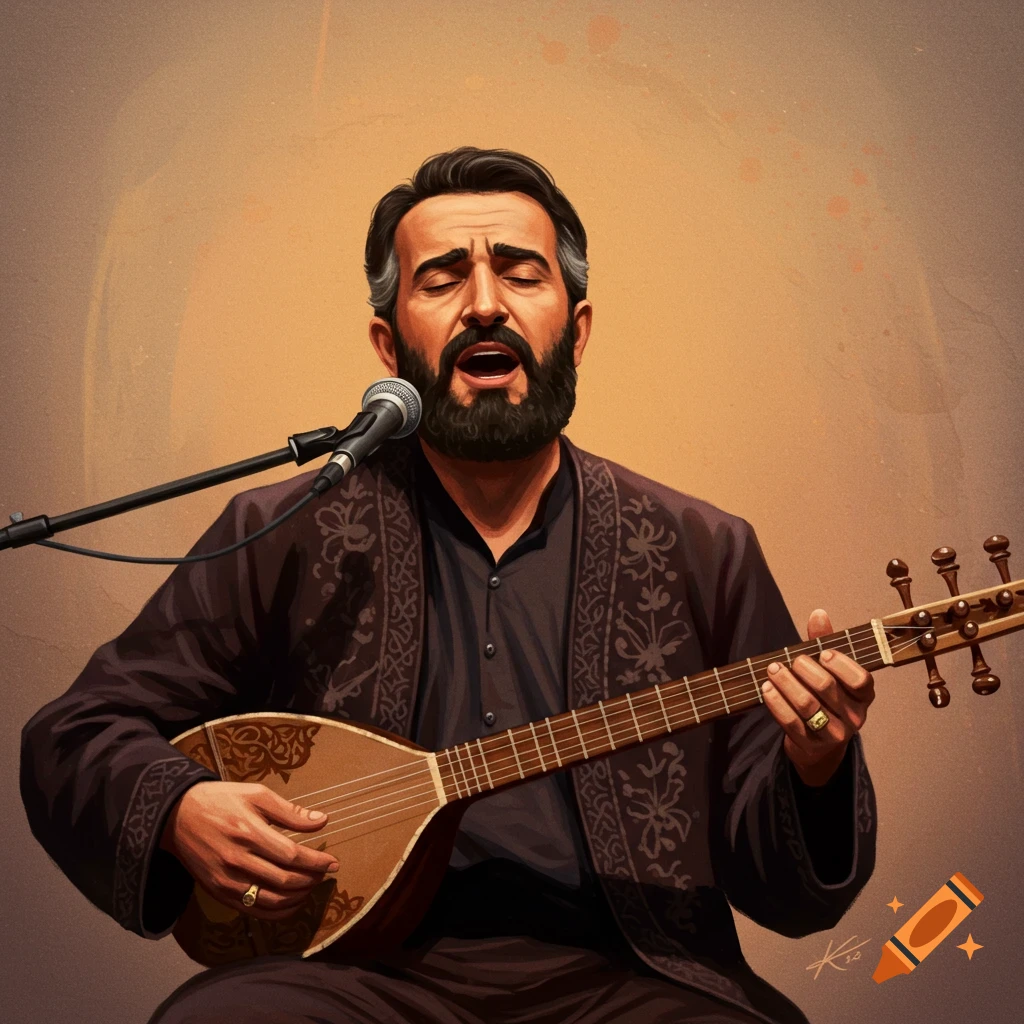 A male singer with a beard plays a traditional stringed instrument into a microphone.