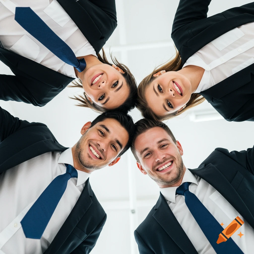 Four smiling business people looking down in a circle.