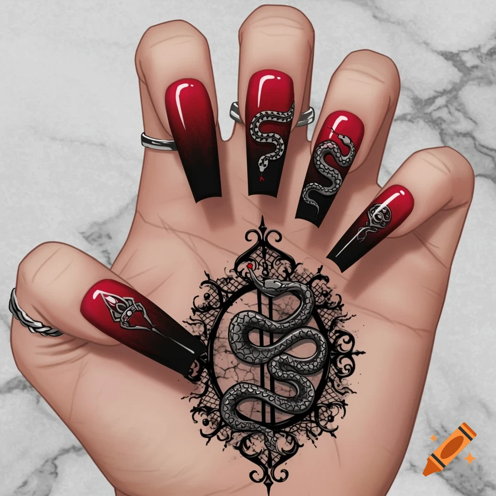 A hand with red and black ombre coffin nails decorated with snake and gothic designs.