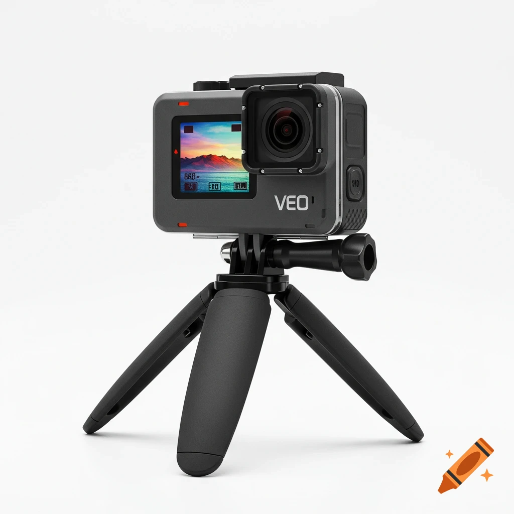 A VEO sport camera mounted on a small tripod against a white background.