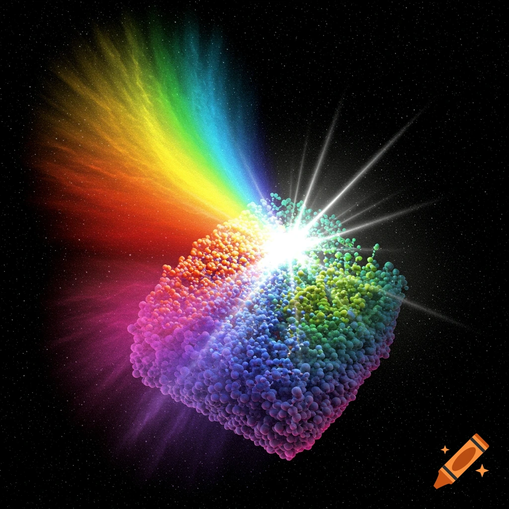 Abstract digital art of a colorful cube-like structure in space with a light source emitting a rainbow spectrum.