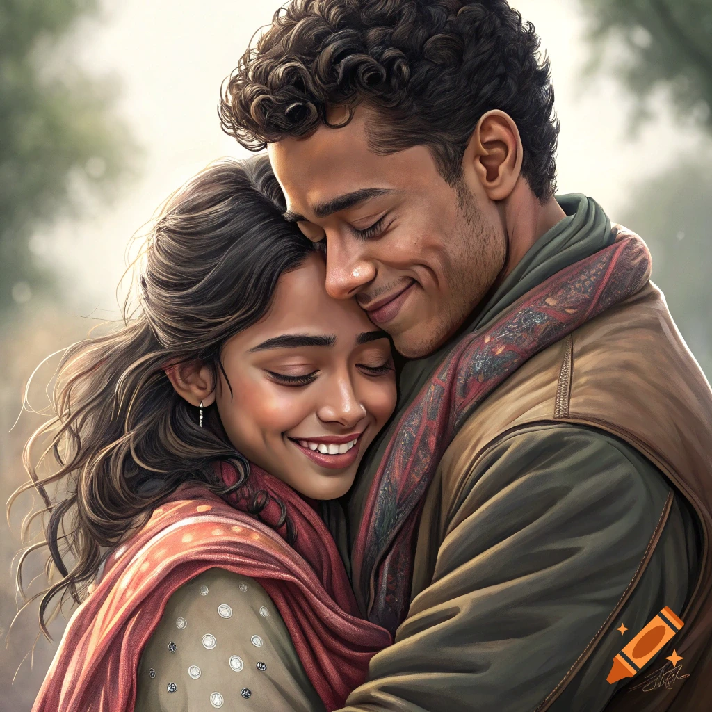 A couple embraces, smiling affectionately.