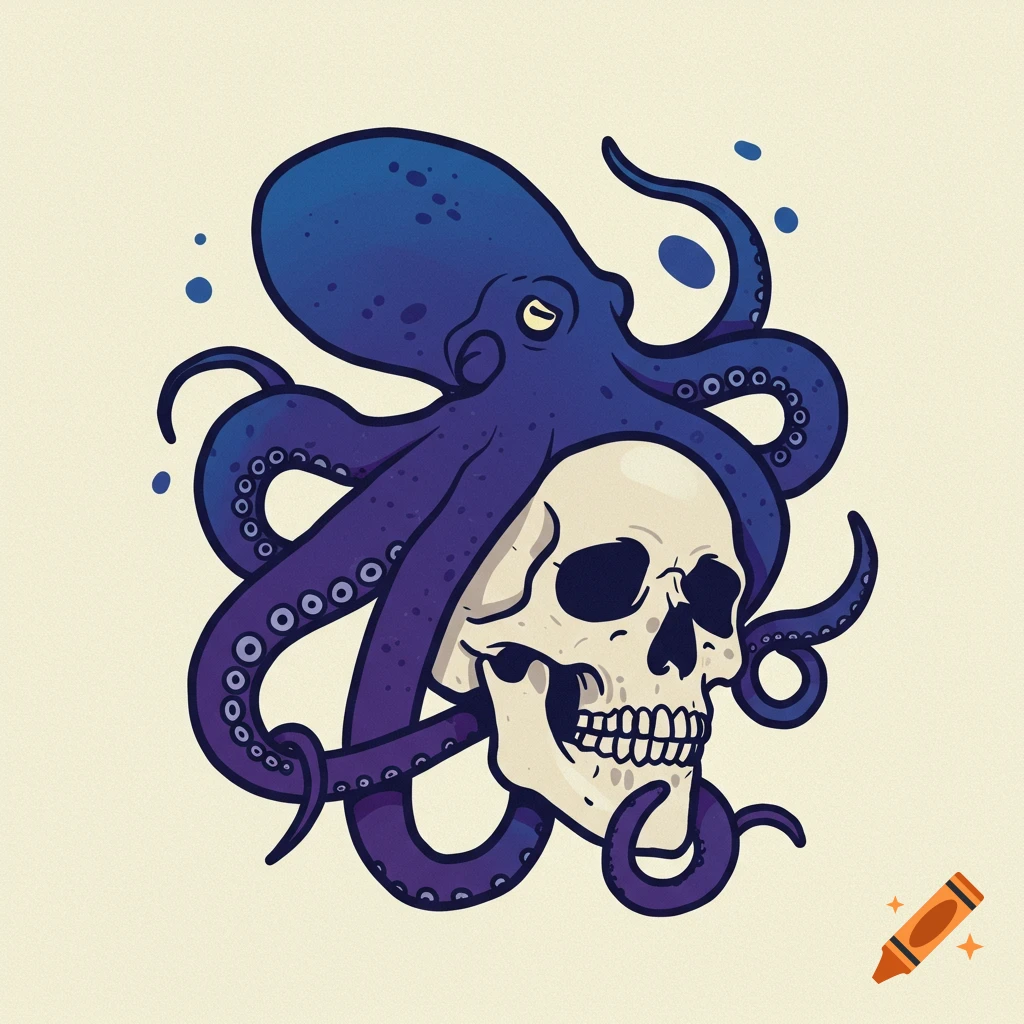 Stylized illustration of a blue octopus wrapped around a human skull.