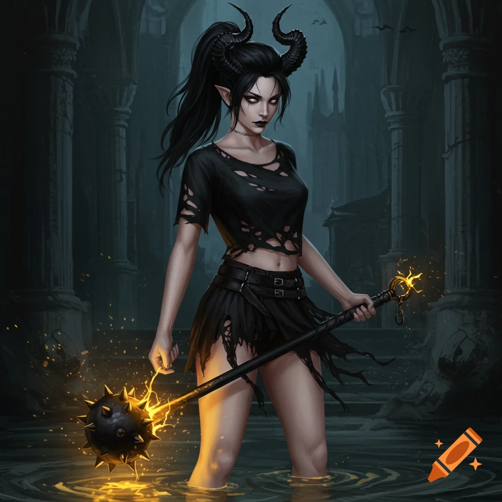 A horned female fantasy character holding a glowing mace in a flooded castle.