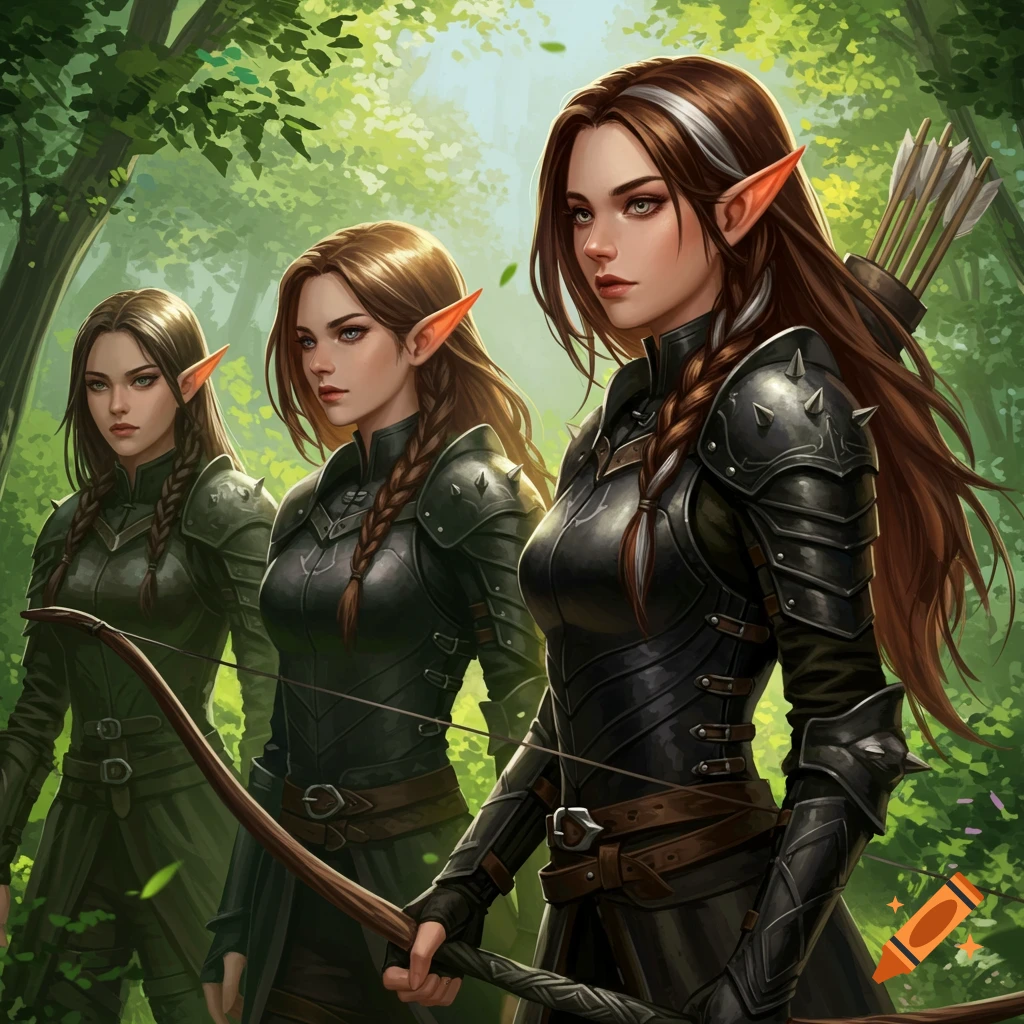 Three female elves in dark armor holding bows in a forest clearing, digital art.