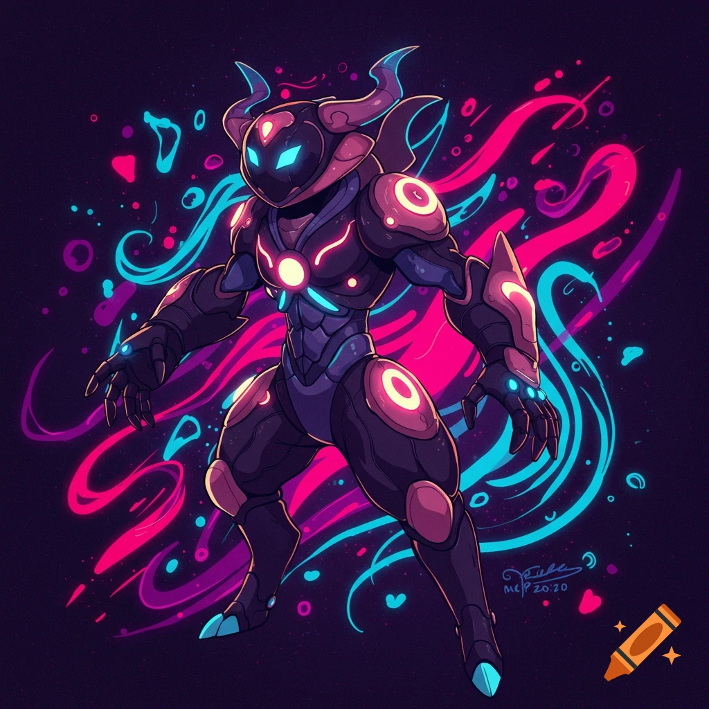 Stylized fantasy character in glowing armor against a neon background.