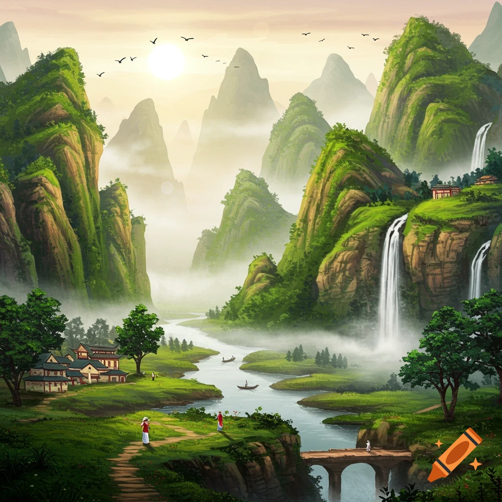 A vibrant Asian mountain landscape with waterfalls, a winding river, traditional buildings, and people in boats and on paths.