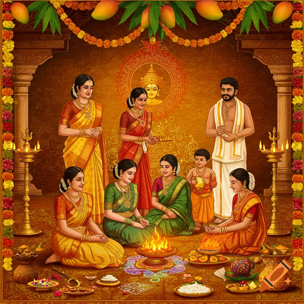 A South Indian family gathers around a fire for a festival ceremony.
