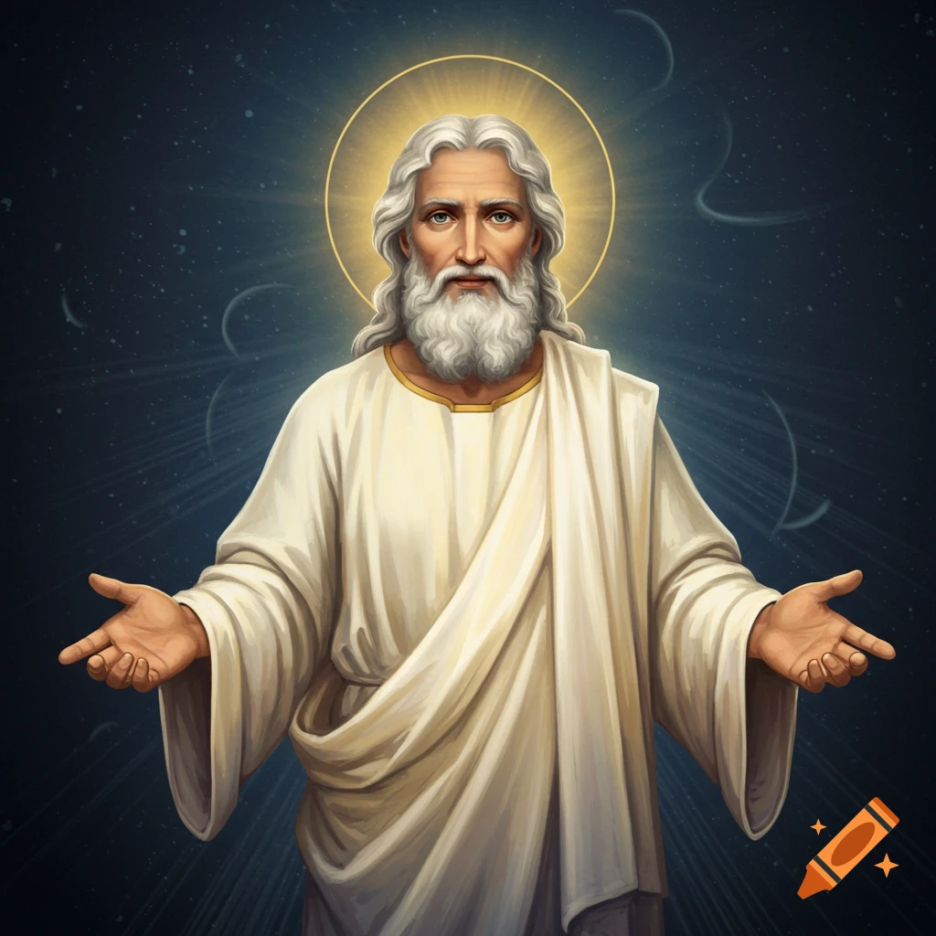 A figure with white hair and beard, white robe, halo, and outstretched hands.
