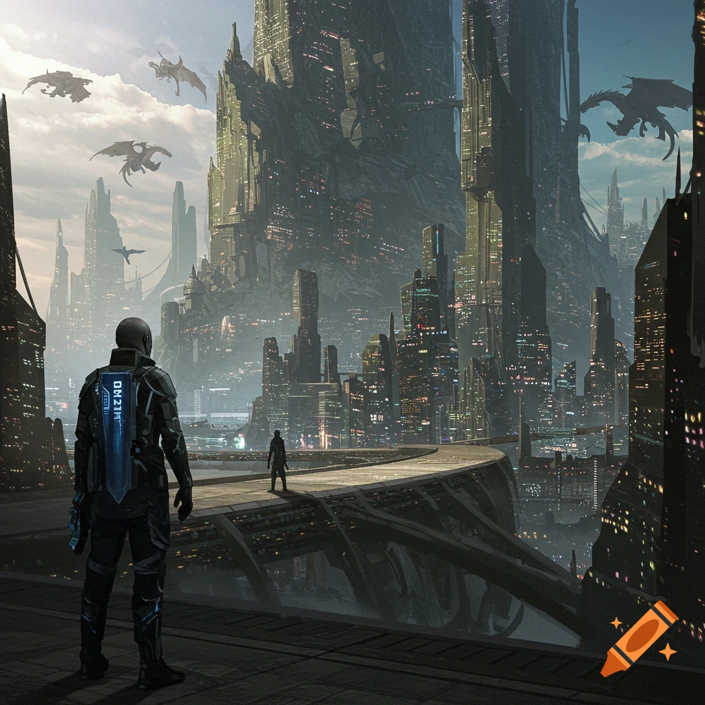 Figures overlooking a futuristic sci-fi fantasy city with dragons flying