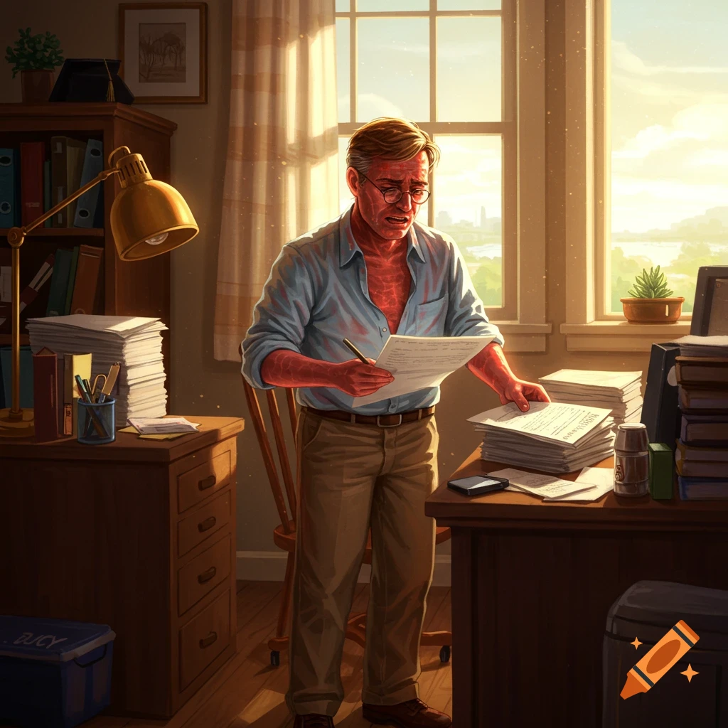 A man with a sunburn grades papers in a sunlit office or study.