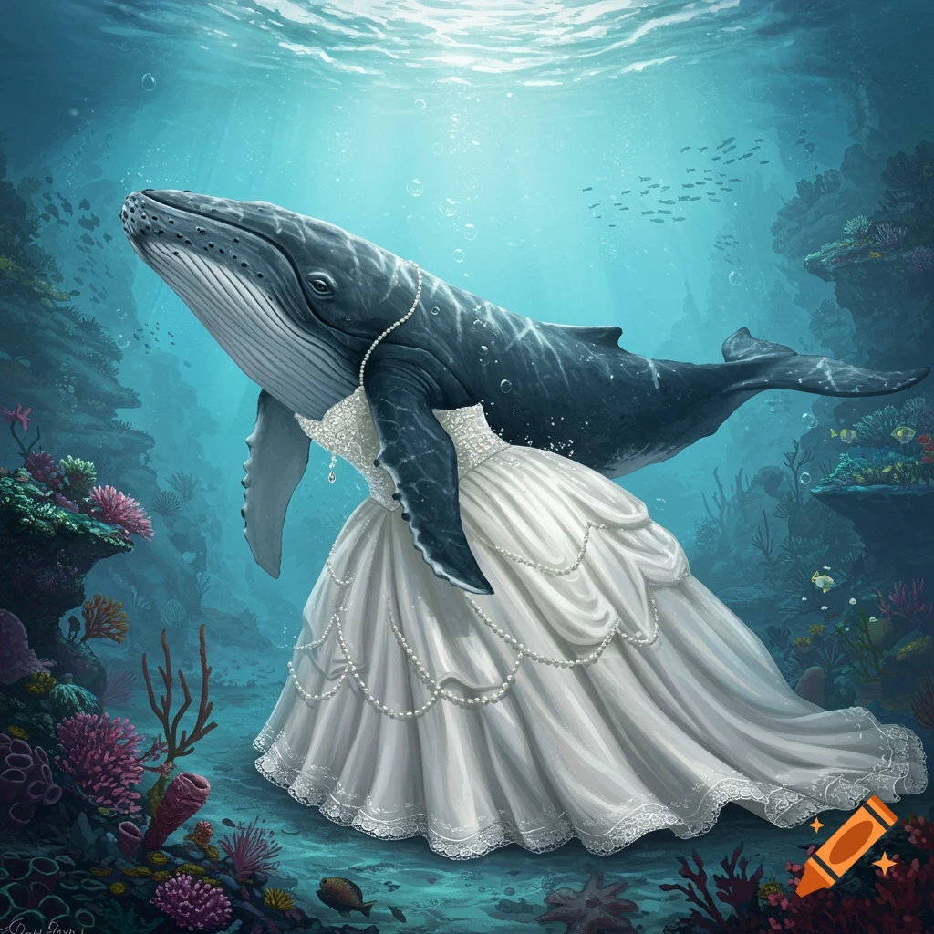 A whale wearing a wedding dress underwater.