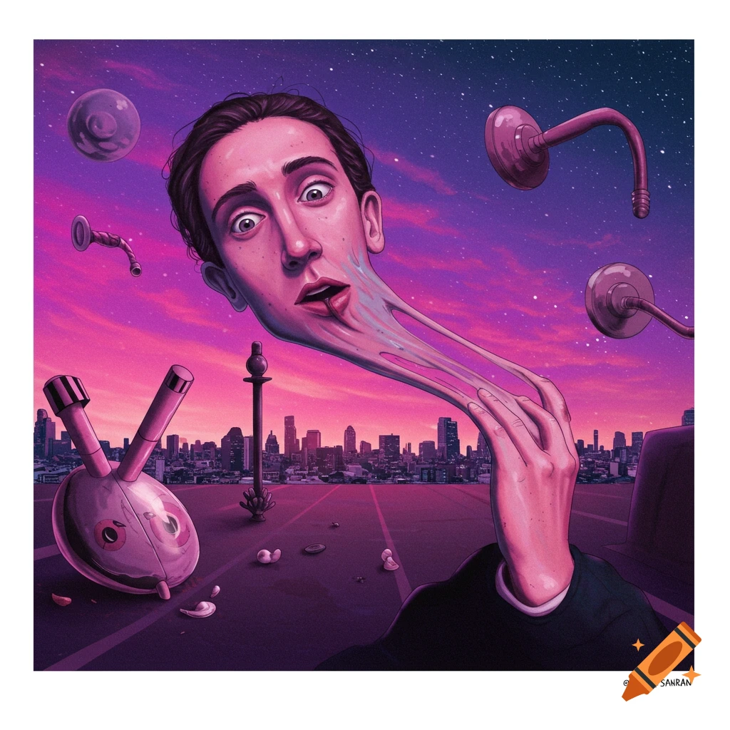 A person's face stretches dramatically, surrounded by strange objects over a city skyline against a starry sky, in a surreal style.