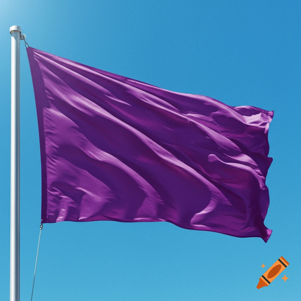 A purple flag waves on a flagpole against a bright blue sky.
