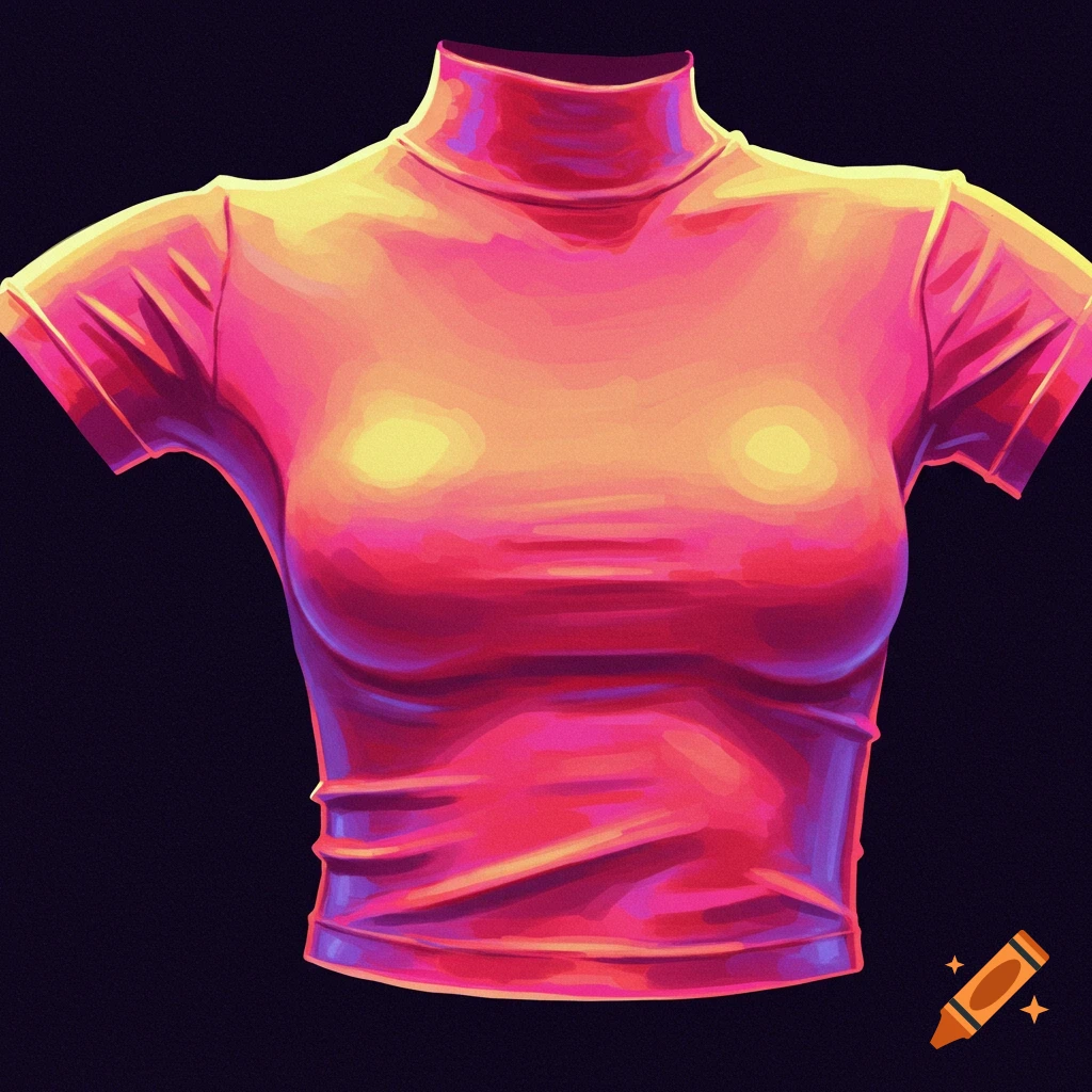 A brightly lit pink and orange short-sleeved top with a high neck.