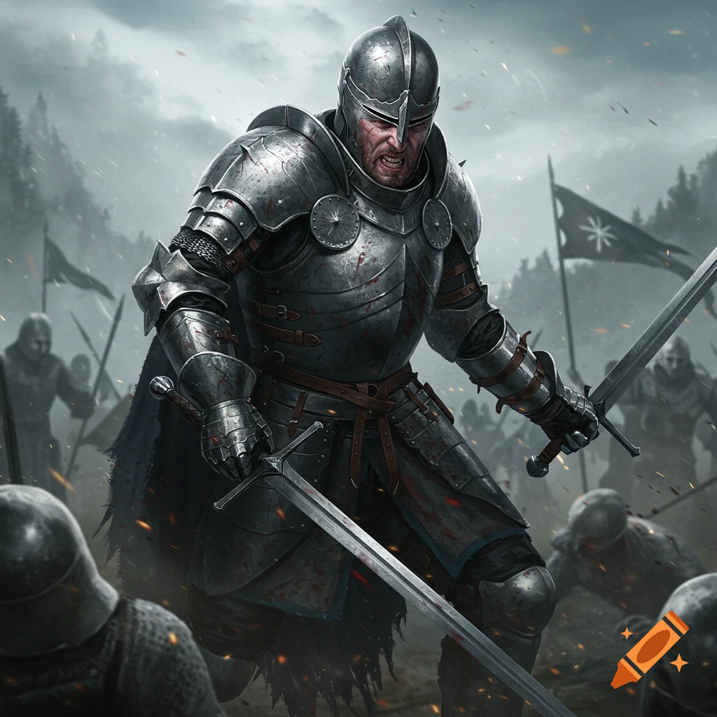 A heavily armored knight dual-wielding swords in a fierce battle.
