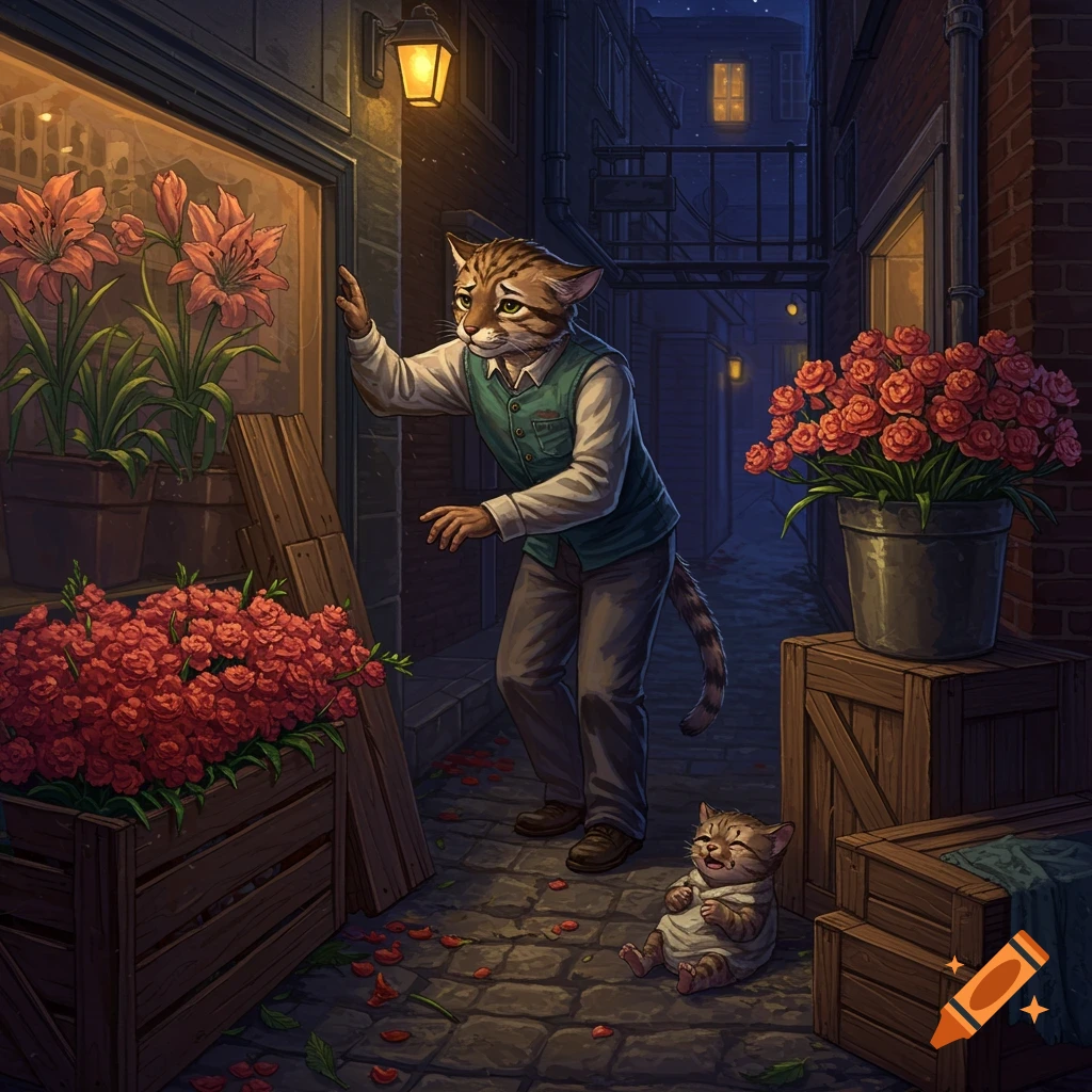 A cat-person looks at flowers outside a shop in a dark alley with a kitten nearby.