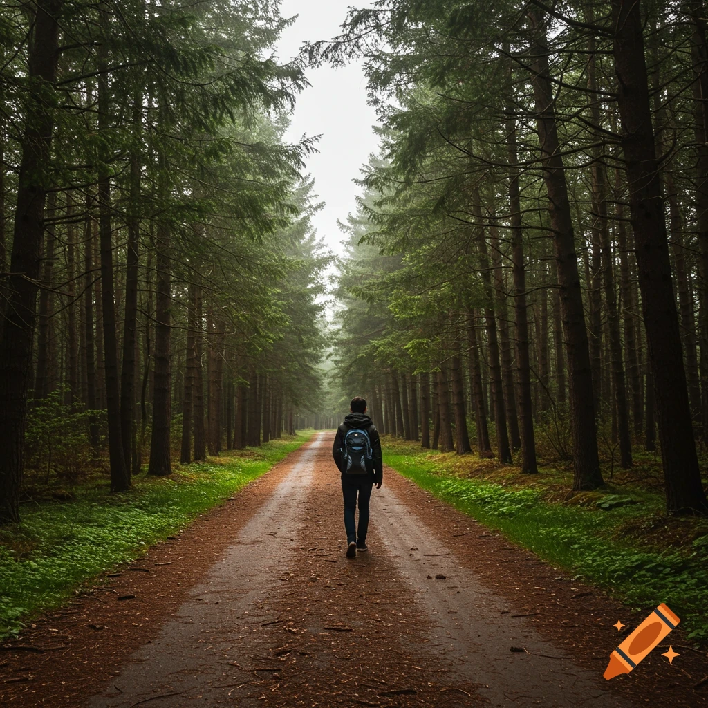 A person walks away down a path lined with tall trees in a misty forest.